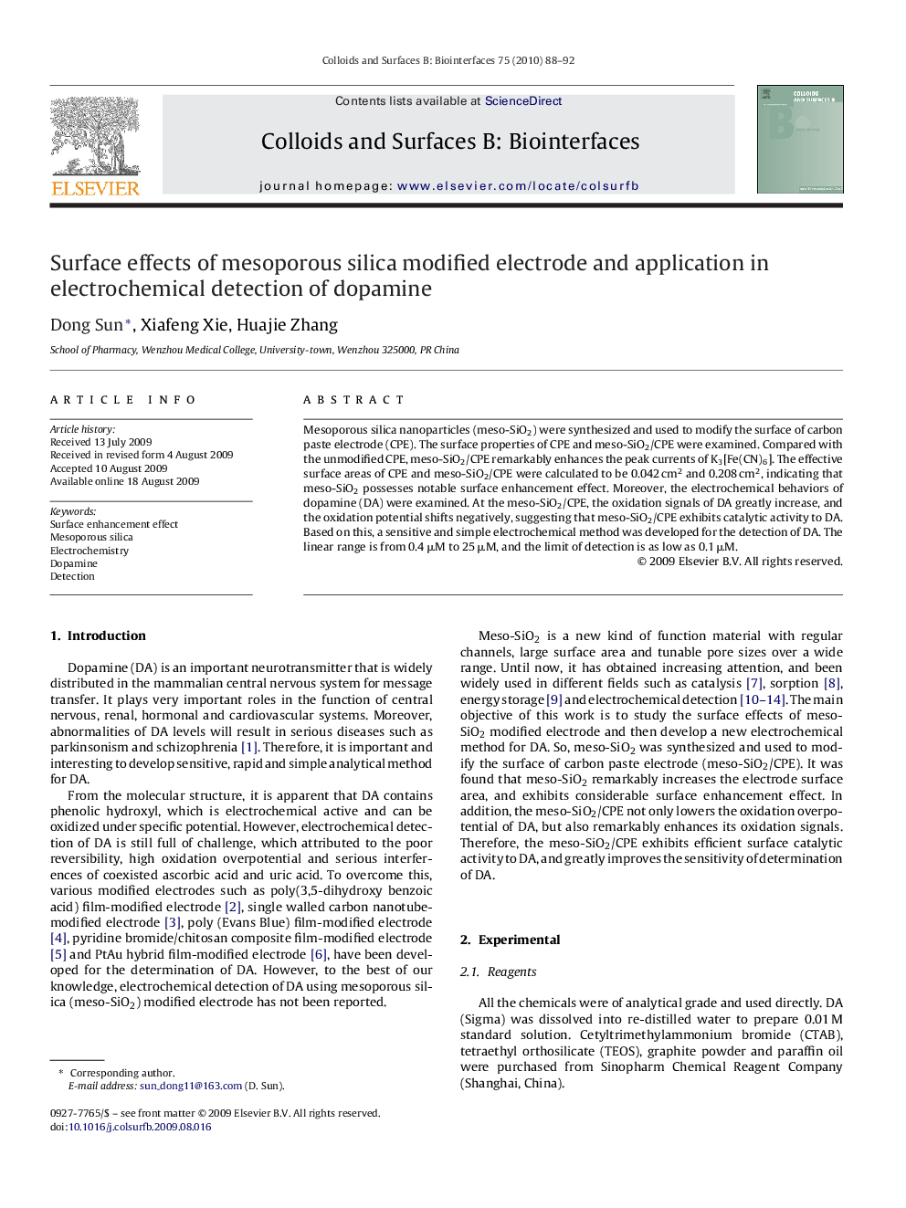 Surface effects of mesoporous silica modified electrode and application in electrochemical detection of dopamine