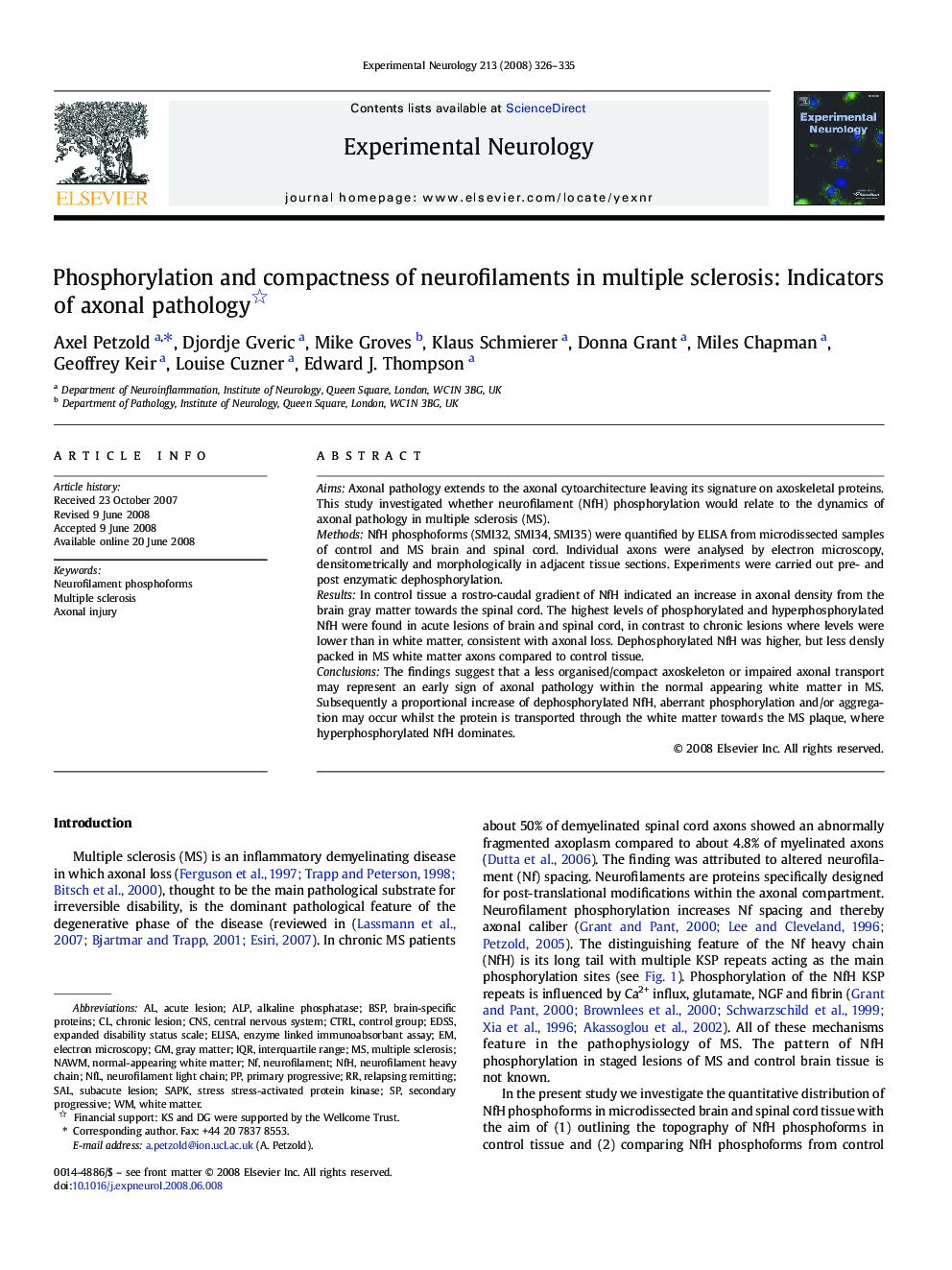 Phosphorylation and compactness of neurofilaments in multiple sclerosis: Indicators of axonal pathology