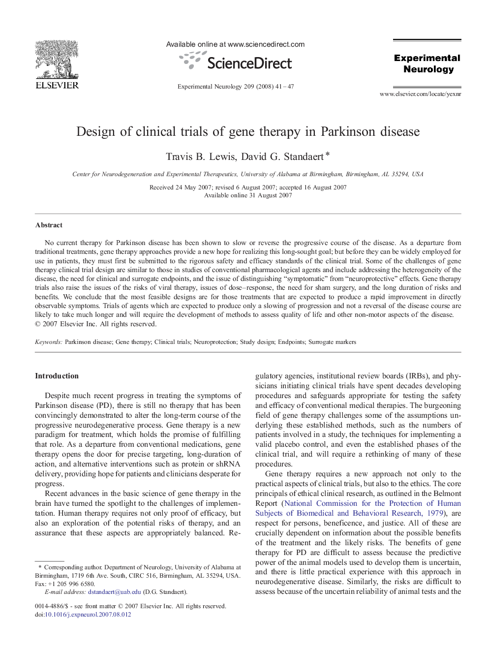 Design of clinical trials of gene therapy in Parkinson disease