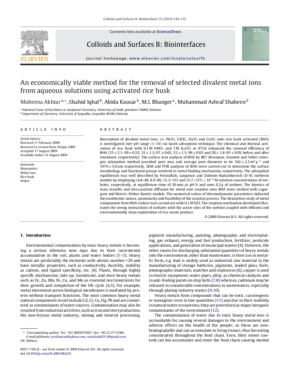 An economically viable method for the removal of selected divalent metal ions from aqueous solutions using activated rice husk