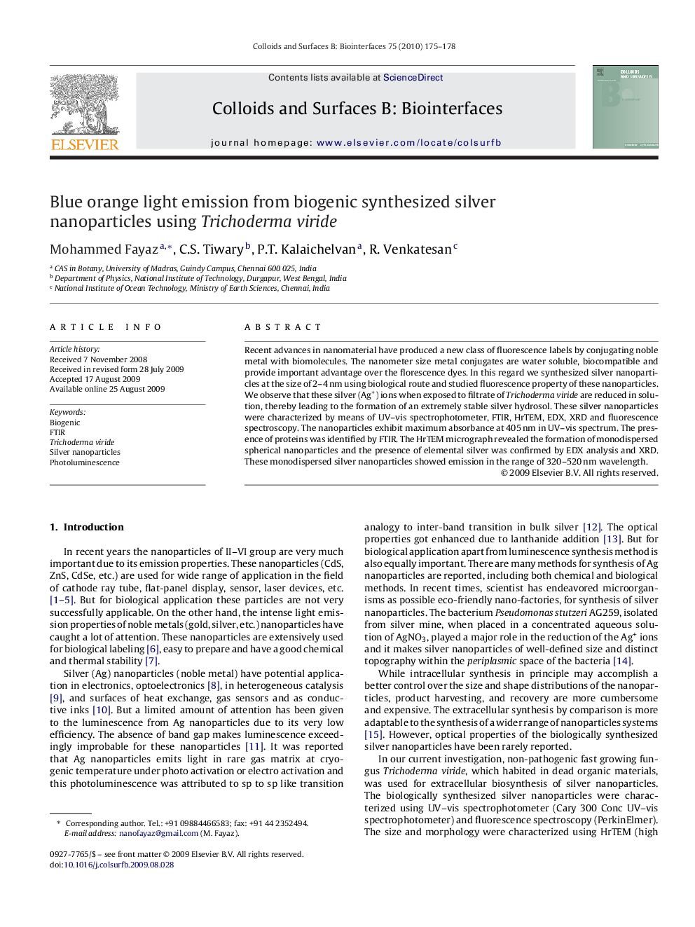 Blue orange light emission from biogenic synthesized silver nanoparticles using Trichoderma viride