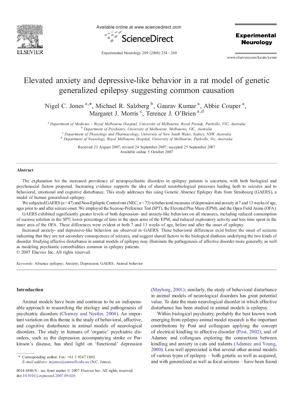 Elevated anxiety and depressive-like behavior in a rat model of genetic generalized epilepsy suggesting common causation