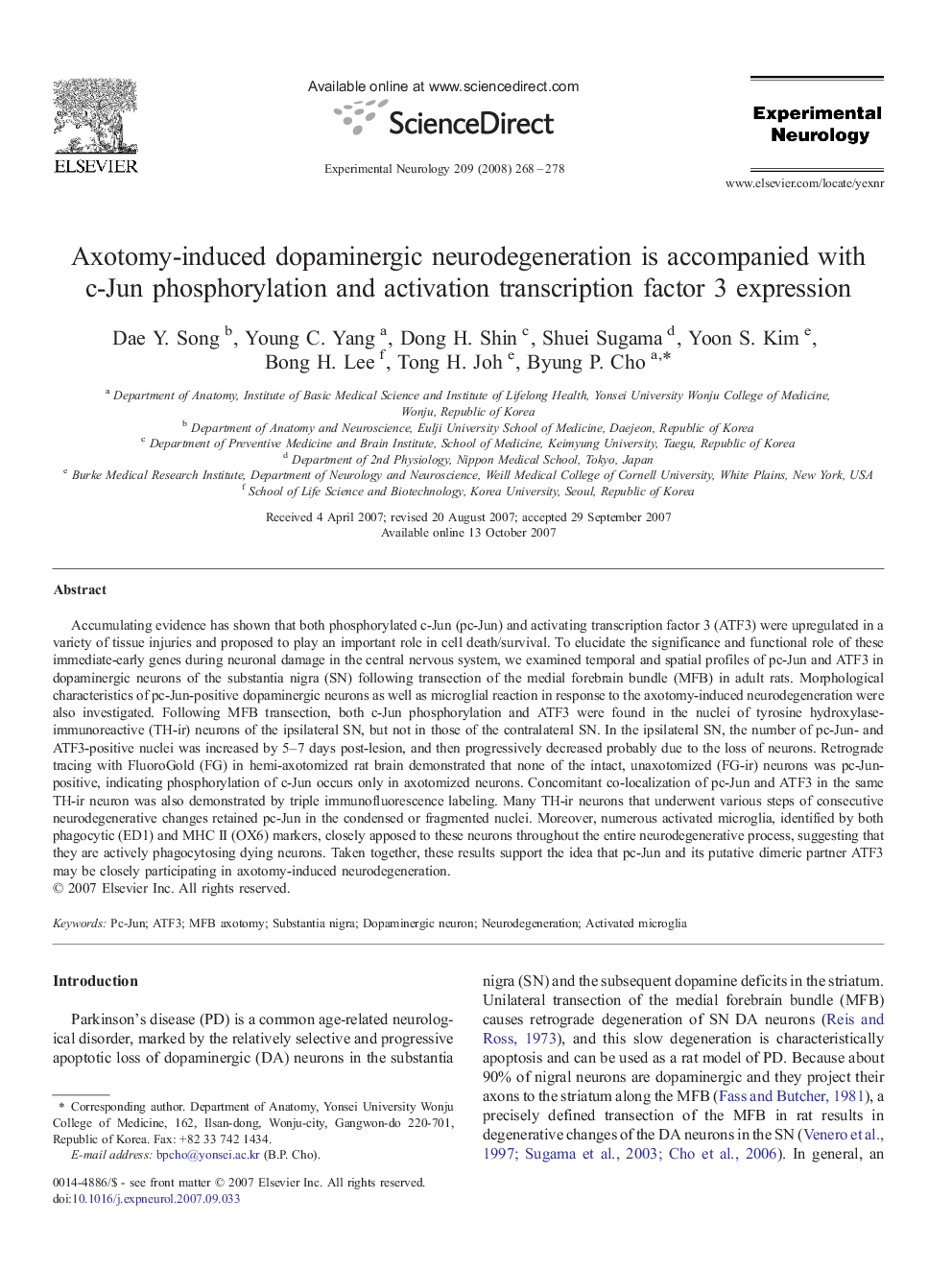 Axotomy-induced dopaminergic neurodegeneration is accompanied with c-Jun phosphorylation and activation transcription factor 3 expression