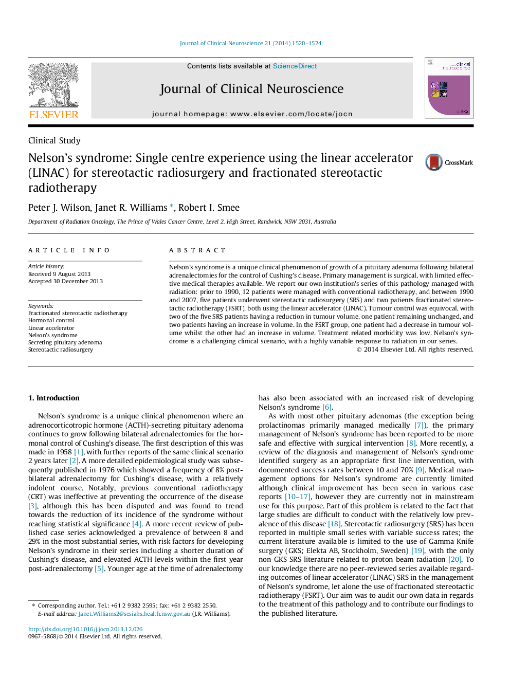 Clinical StudyNelson's syndrome: Single centre experience using the linear accelerator (LINAC) for stereotactic radiosurgery and fractionated stereotactic radiotherapy