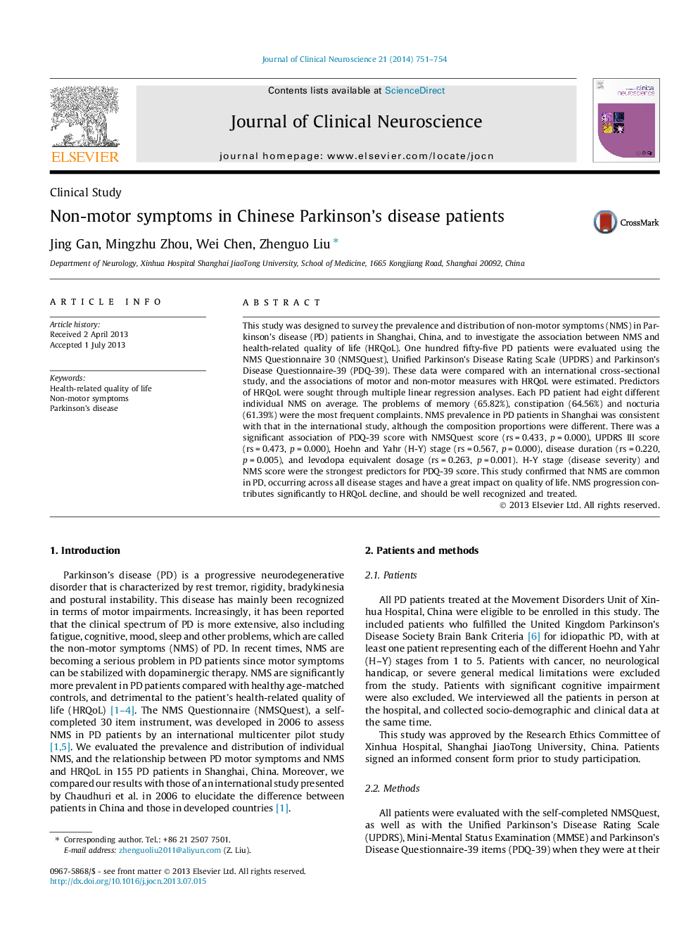 Non-motor symptoms in Chinese Parkinson's disease patients