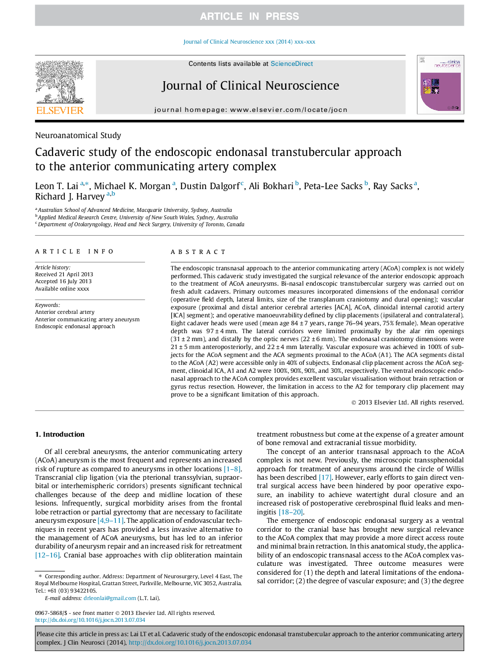 Cadaveric study of the endoscopic endonasal transtubercular approach to the anterior communicating artery complex