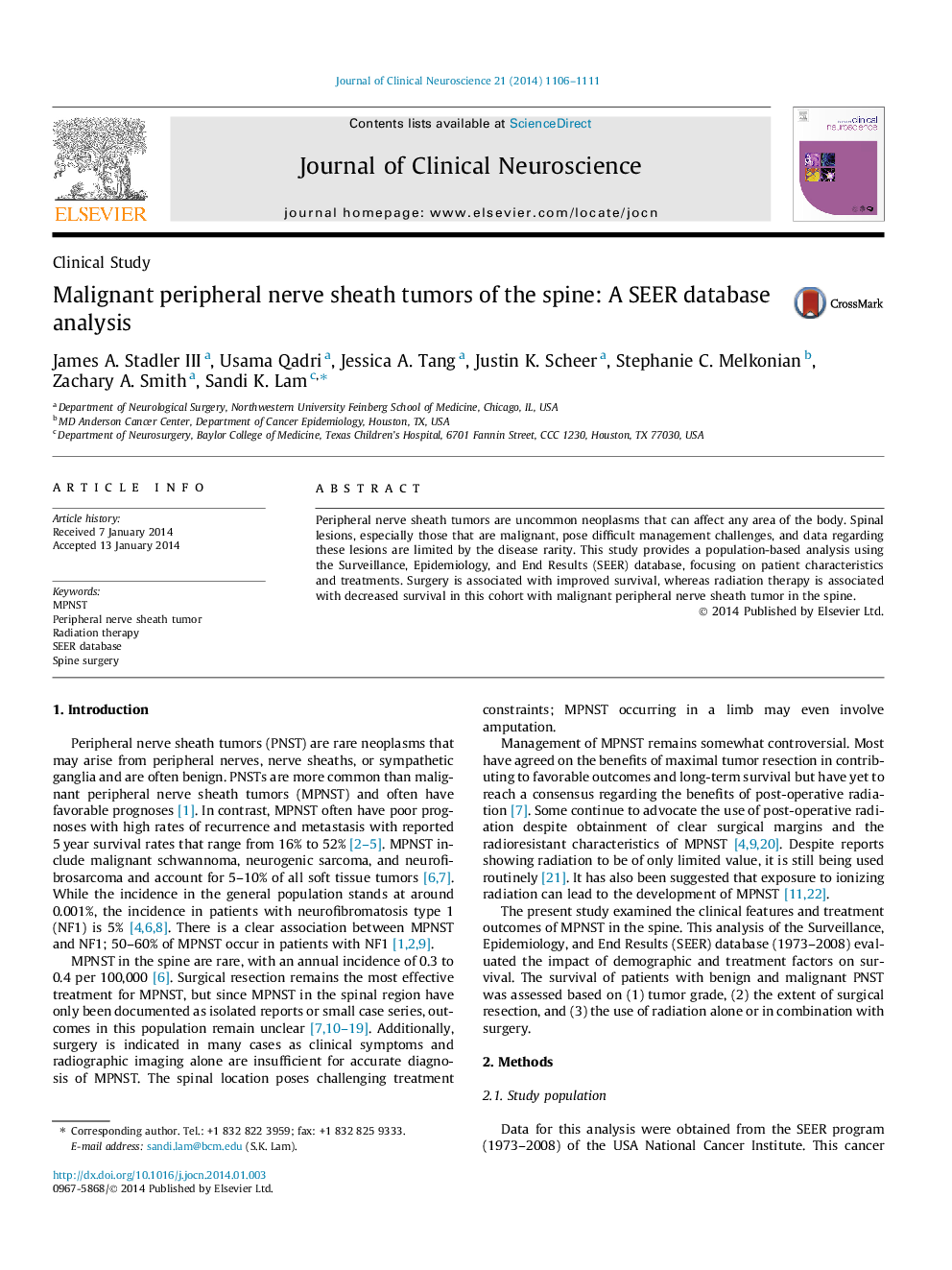 Malignant peripheral nerve sheath tumors of the spine: A SEER database analysis