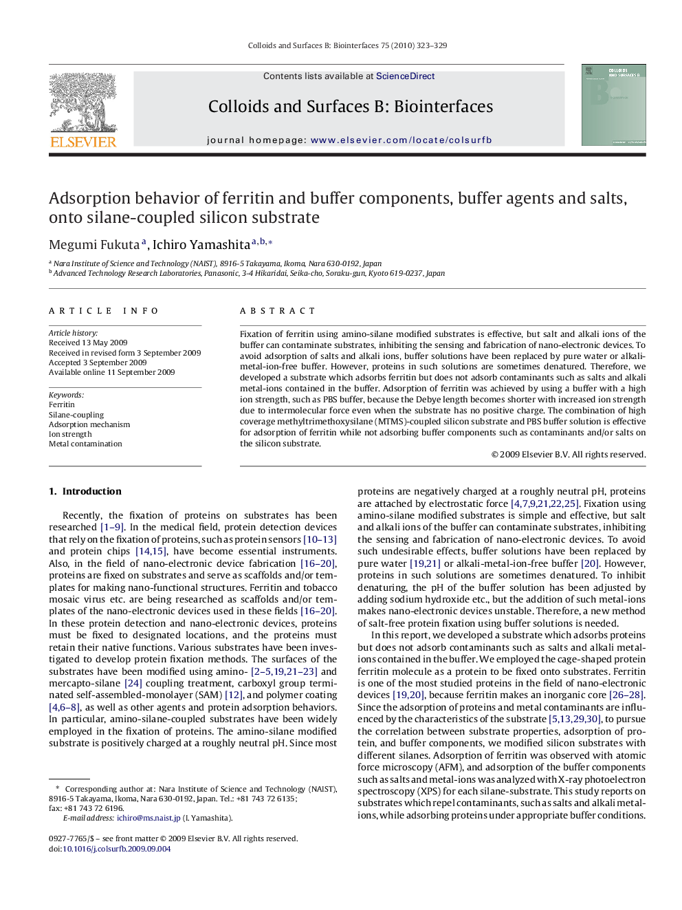 Adsorption behavior of ferritin and buffer components, buffer agents and salts, onto silane-coupled silicon substrate