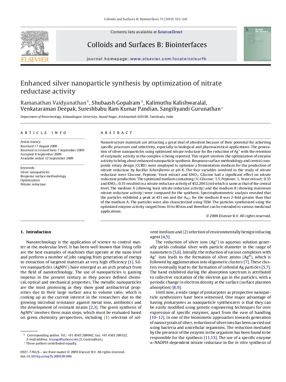 عکس صفحه اول مقاله: Enhanced silver nanoparticle synthesis by optimization of nitrate reductase activity Enhanced silver nanoparticle synthesis by optimization of nitrate reductase activity