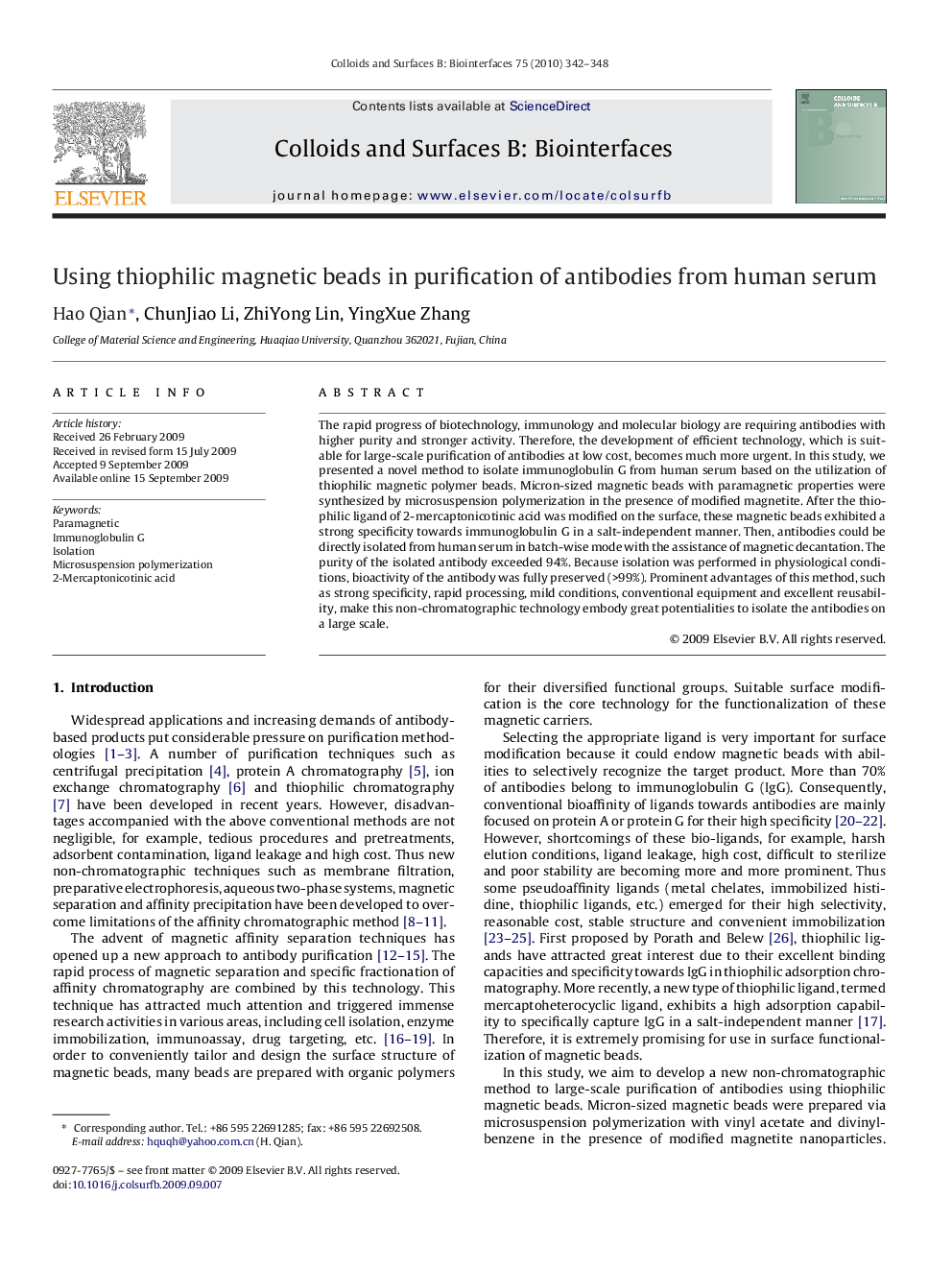 Using thiophilic magnetic beads in purification of antibodies from human serum