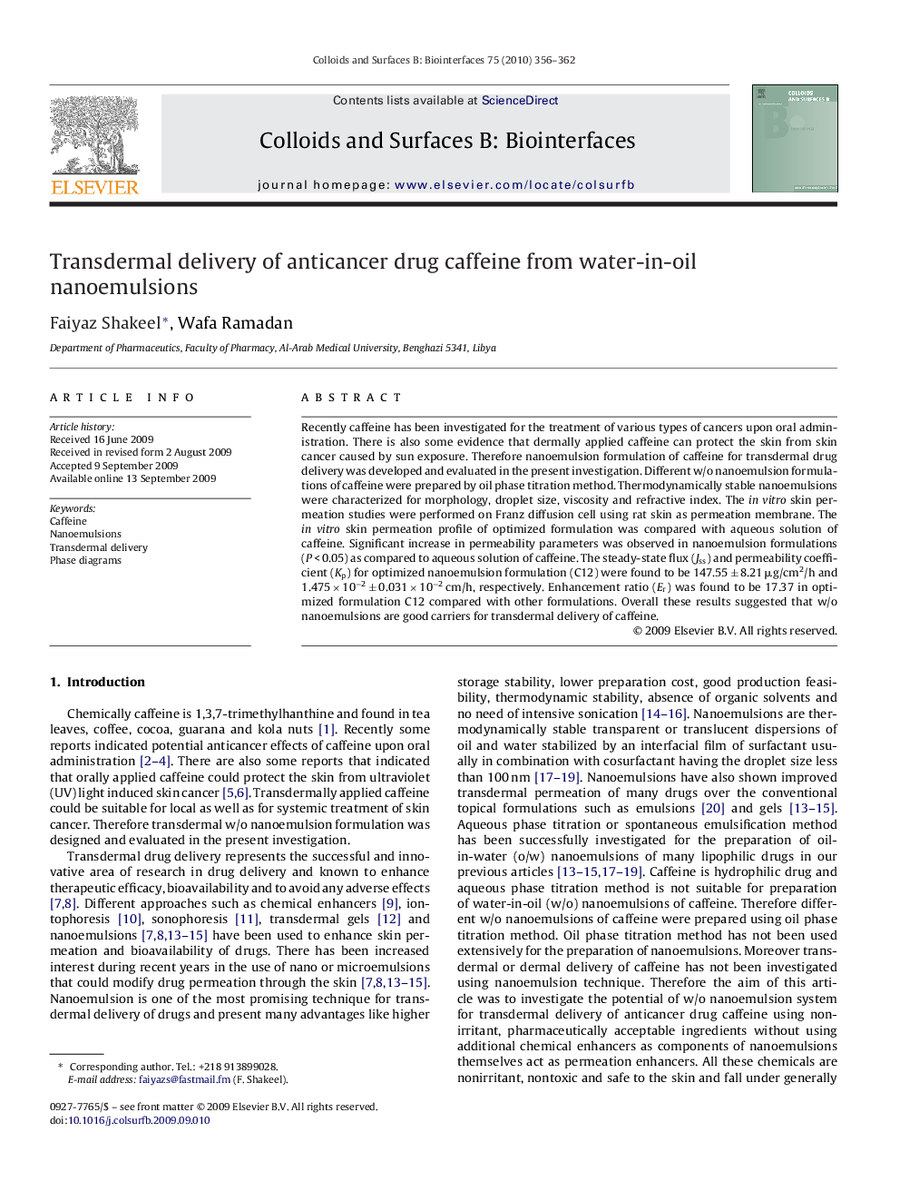 Transdermal delivery of anticancer drug caffeine from water-in-oil nanoemulsions