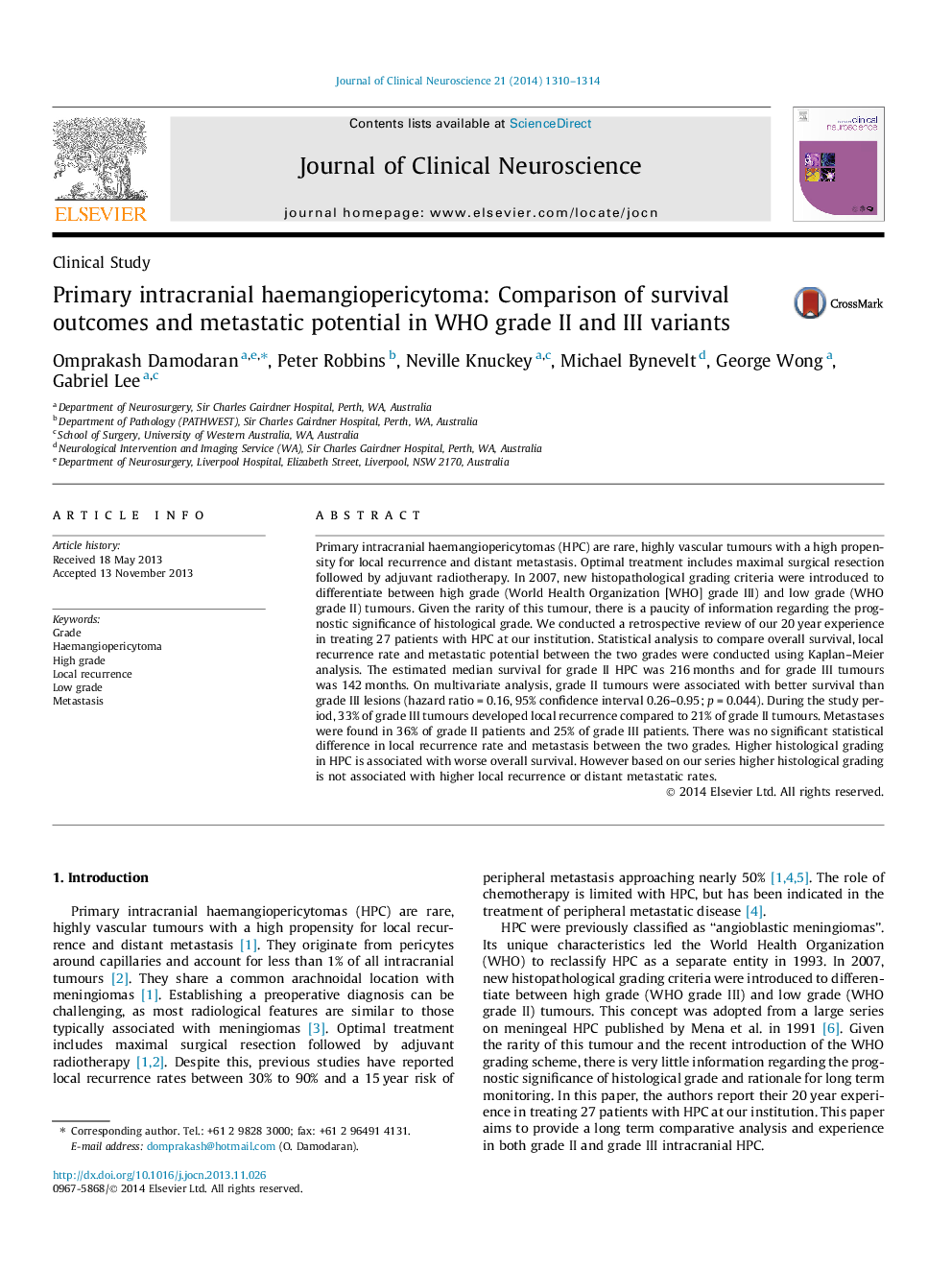 Clinical StudyPrimary intracranial haemangiopericytoma: Comparison of survival outcomes and metastatic potential in WHO grade II and III variants