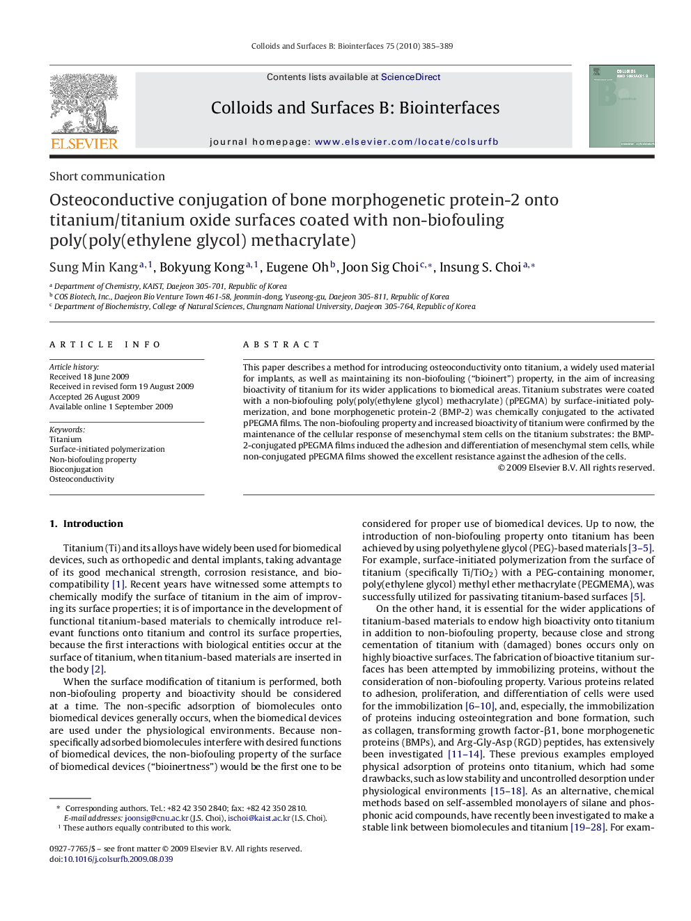 Osteoconductive conjugation of bone morphogenetic protein-2 onto titanium/titanium oxide surfaces coated with non-biofouling poly(poly(ethylene glycol) methacrylate)