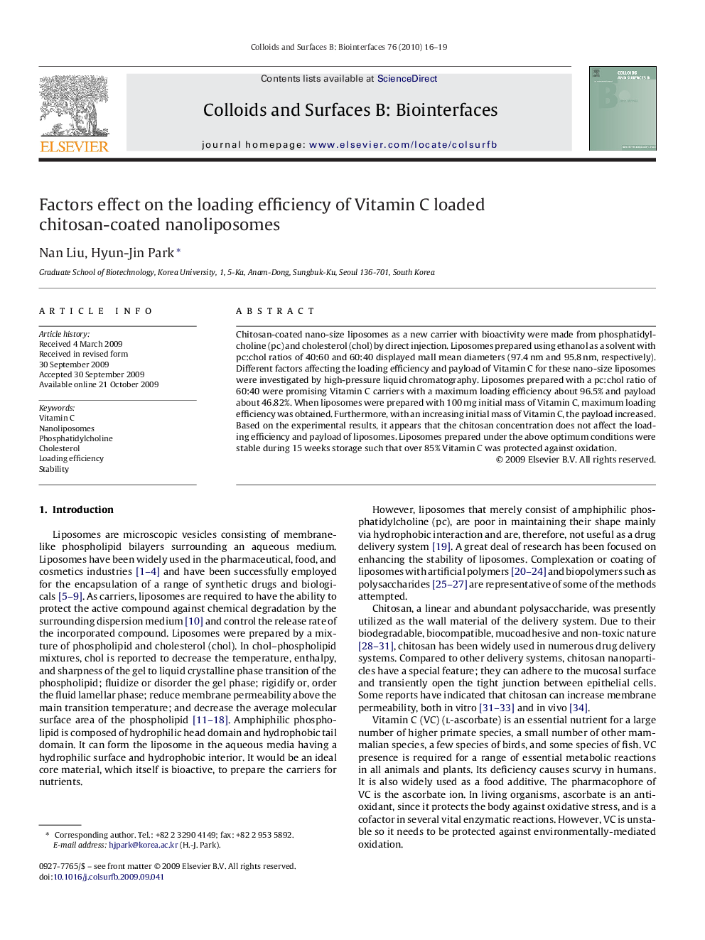 Factors effect on the loading efficiency of Vitamin C loaded chitosan-coated nanoliposomes