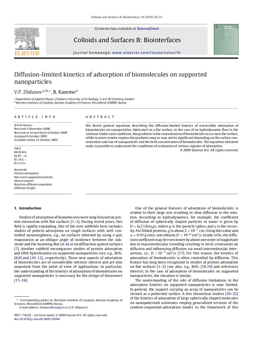 عکس صفحه اول مقاله: Diffusion-limited kinetics of adsorption of biomolecules on supported nanoparticles Diffusion-limited kinetics of adsorption of biomolecules on supported nanoparticles