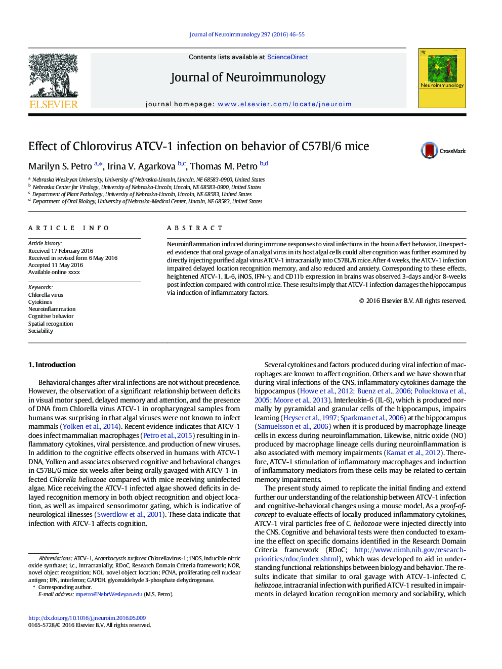 Effect of Chlorovirus ATCV-1 infection on behavior of C57Bl/6 mice