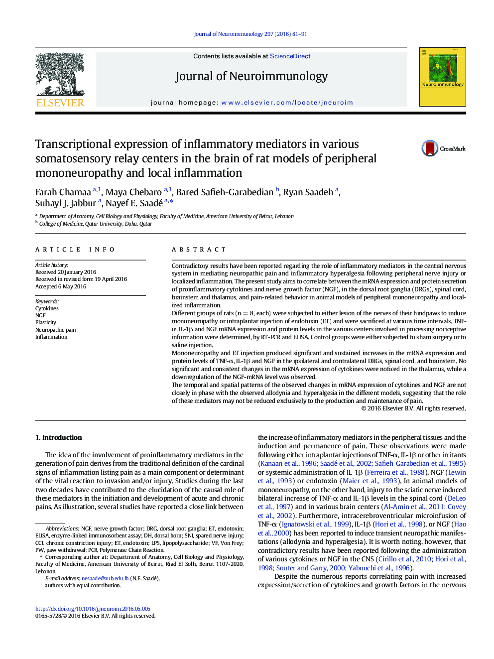 Transcriptional expression of inflammatory mediators in various somatosensory relay centers in the brain of rat models of peripheral mononeuropathy and local inflammation