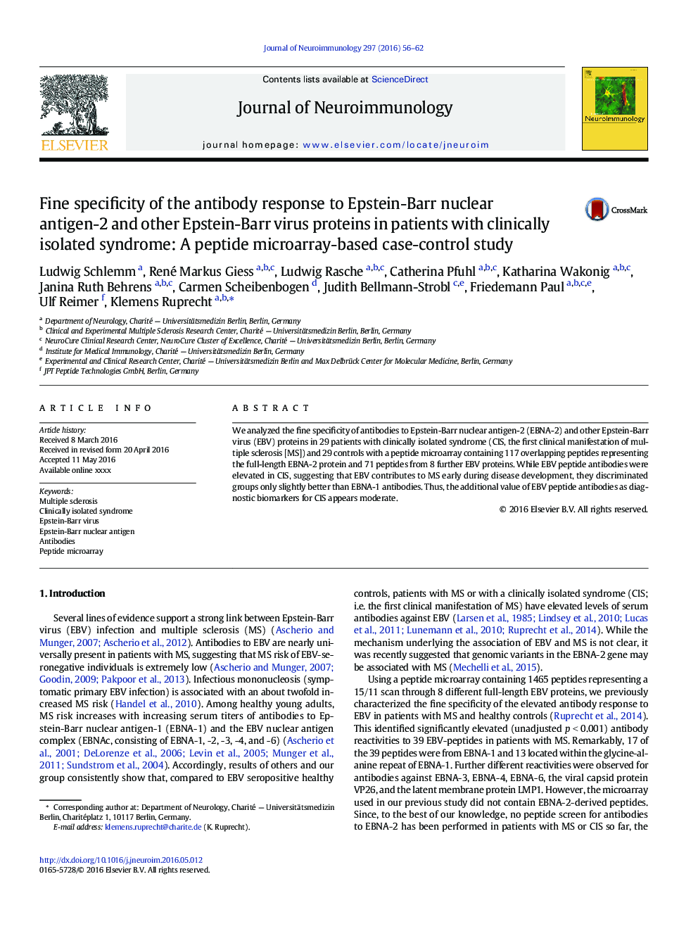 Fine specificity of the antibody response to Epstein-Barr nuclear antigen-2 and other Epstein-Barr virus proteins in patients with clinically isolated syndrome: A peptide microarray-based case-control study