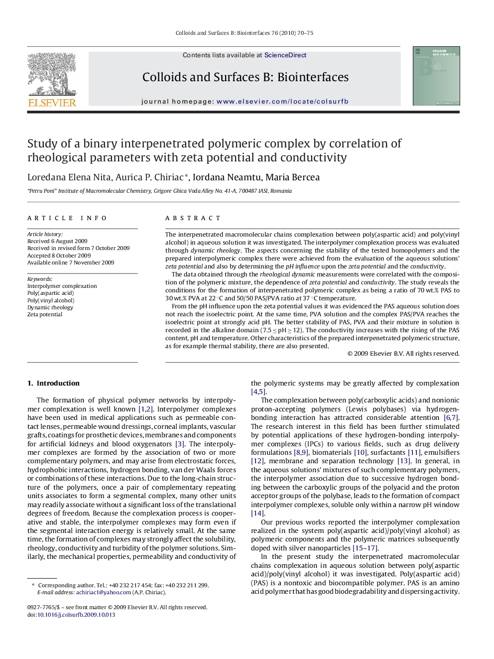 Study of a binary interpenetrated polymeric complex by correlation of rheological parameters with zeta potential and conductivity