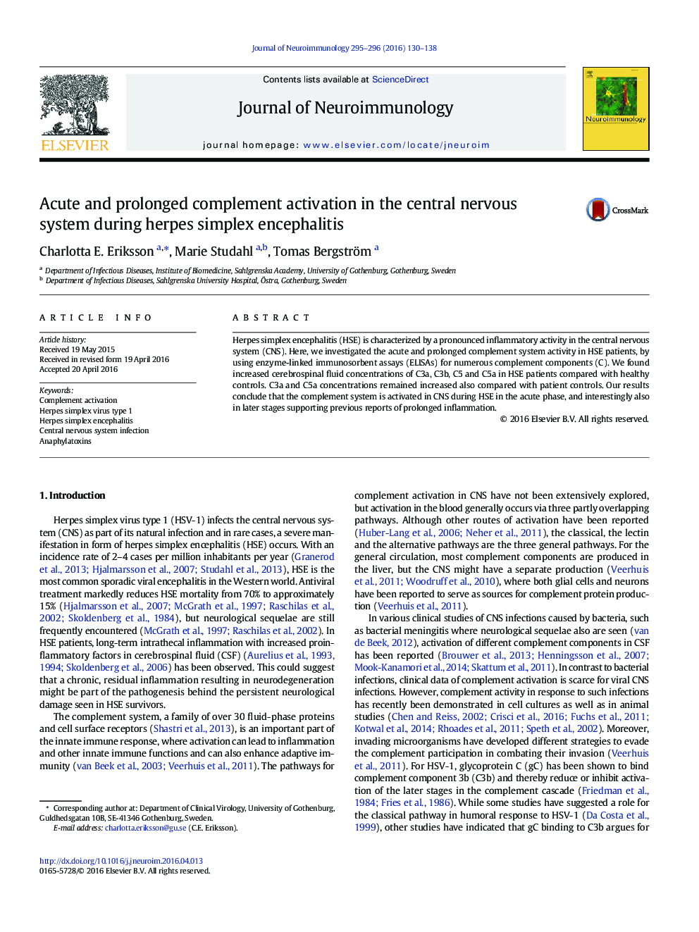 Acute and prolonged complement activation in the central nervous system during herpes simplex encephalitis