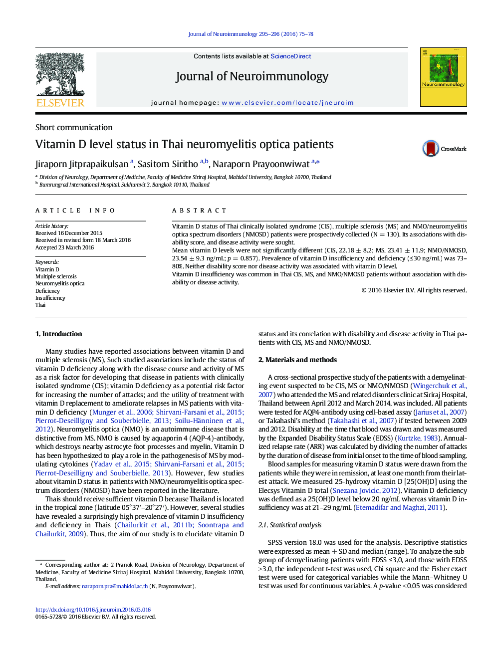 Vitamin D level status in Thai neuromyelitis optica patients