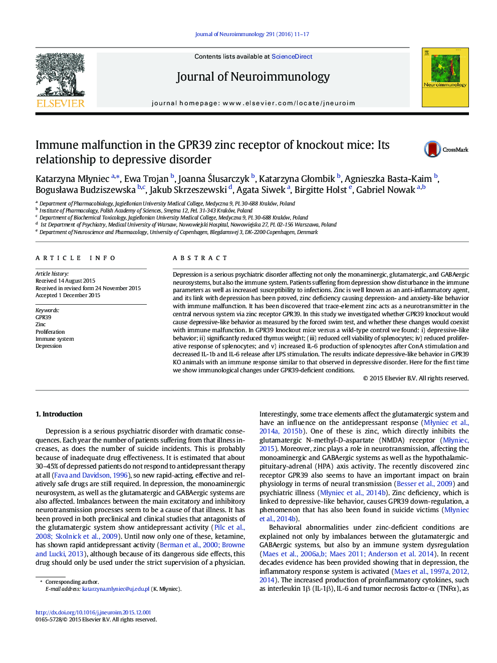 Immune malfunction in the GPR39 zinc receptor of knockout mice: Its relationship to depressive disorder