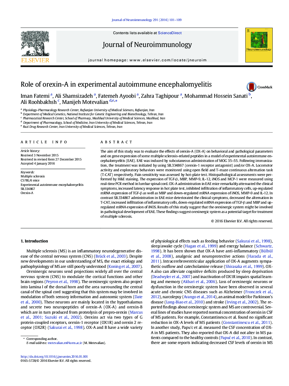 Role of orexin-A in experimental autoimmune encephalomyelitis