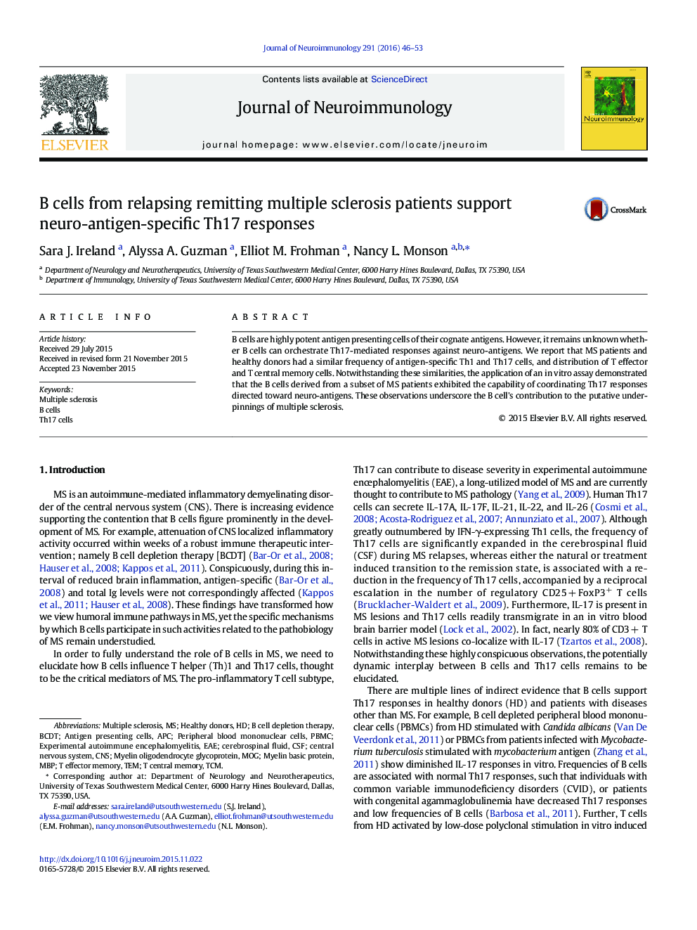 B cells from relapsing remitting multiple sclerosis patients support neuro-antigen-specific Th17 responses