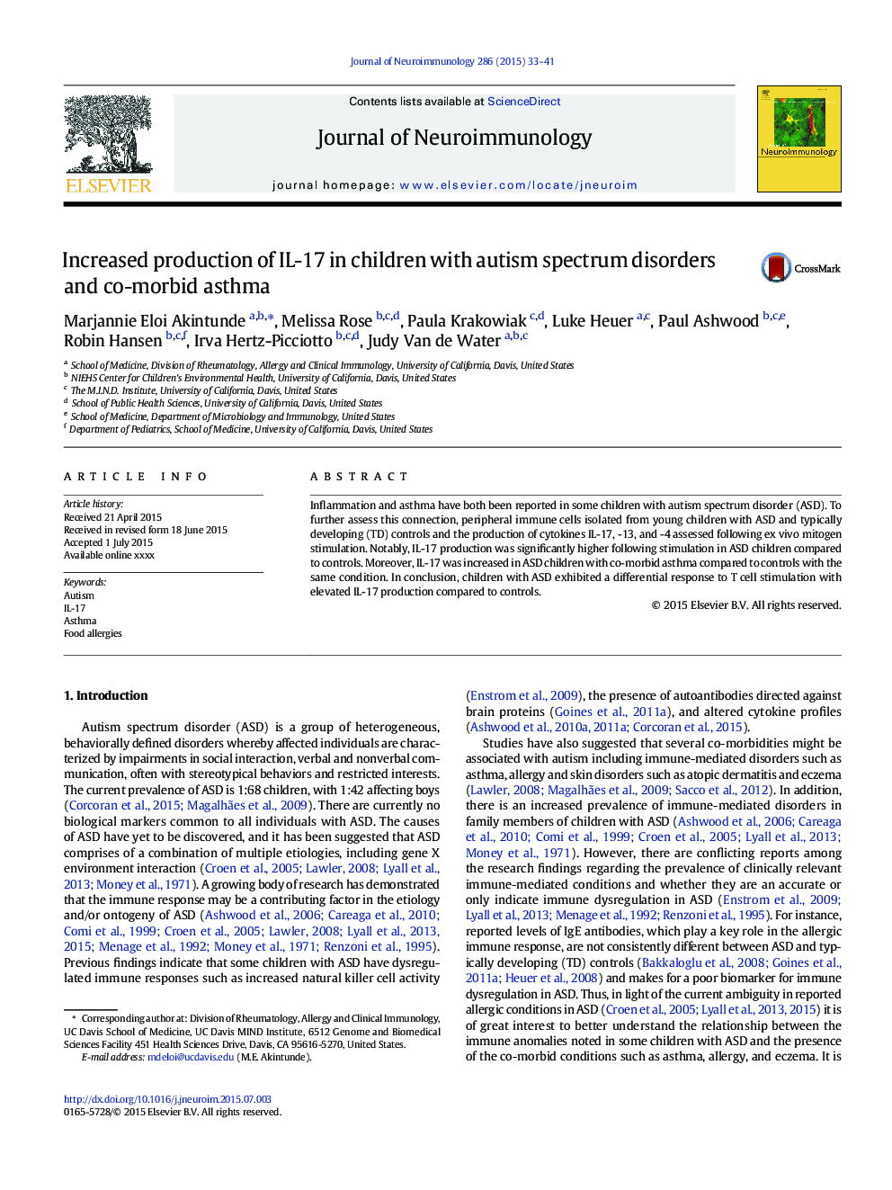 Increased production of IL-17 in children with autism spectrum disorders and co-morbid asthma