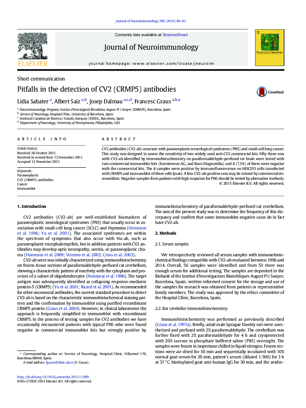 Pitfalls in the detection of CV2 (CRMP5) antibodies