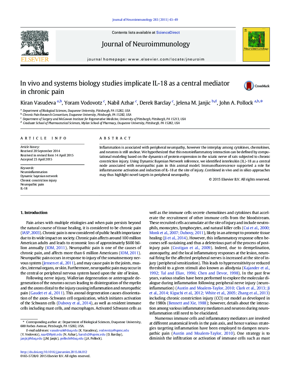 In vivo and systems biology studies implicate IL-18 as a central mediator in chronic pain