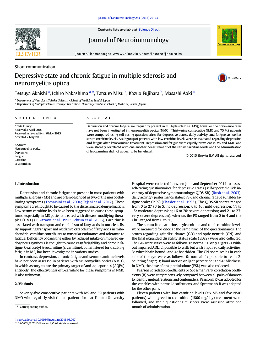 Depressive state and chronic fatigue in multiple sclerosis and neuromyelitis optica