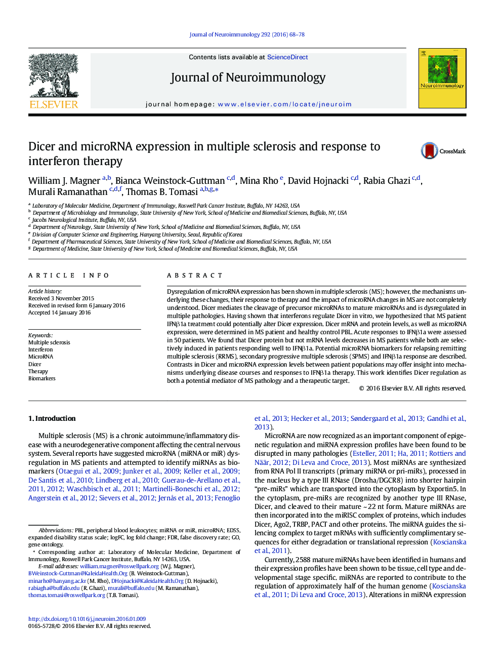 Dicer and microRNA expression in multiple sclerosis and response to interferon therapy