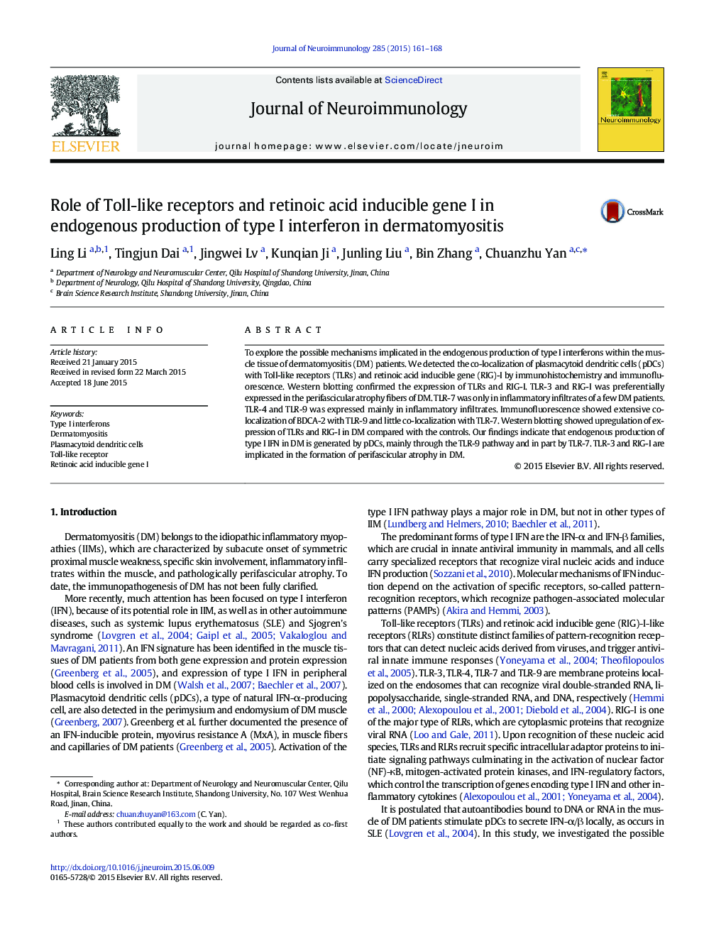 Role of Toll-like receptors and retinoic acid inducible gene I in endogenous production of type I interferon in dermatomyositis