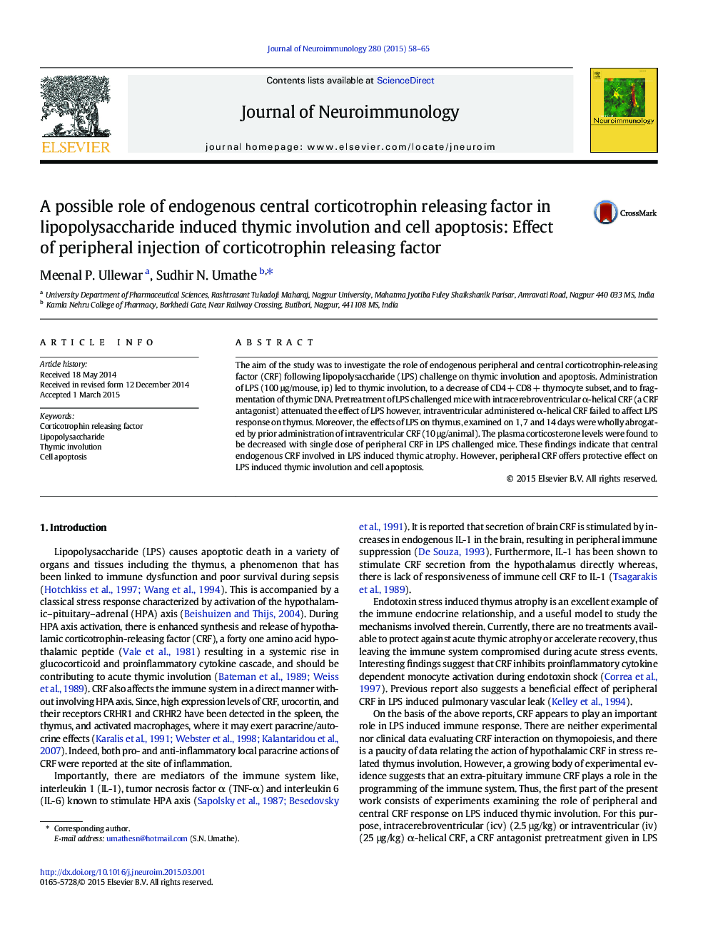 A possible role of endogenous central corticotrophin releasing factor in lipopolysaccharide induced thymic involution and cell apoptosis: Effect of peripheral injection of corticotrophin releasing factor