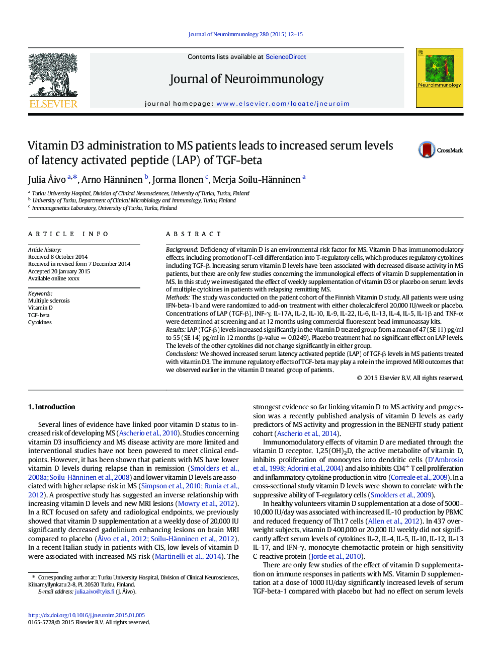 Vitamin D3 administration to MS patients leads to increased serum levels of latency activated peptide (LAP) of TGF-beta