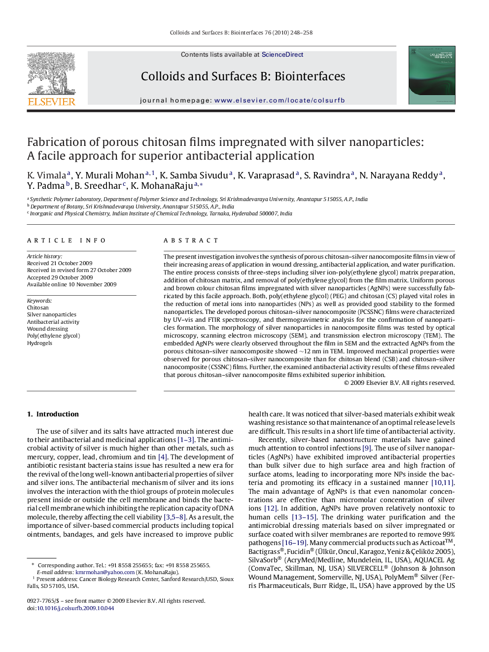 Fabrication of porous chitosan films impregnated with silver nanoparticles: A facile approach for superior antibacterial application