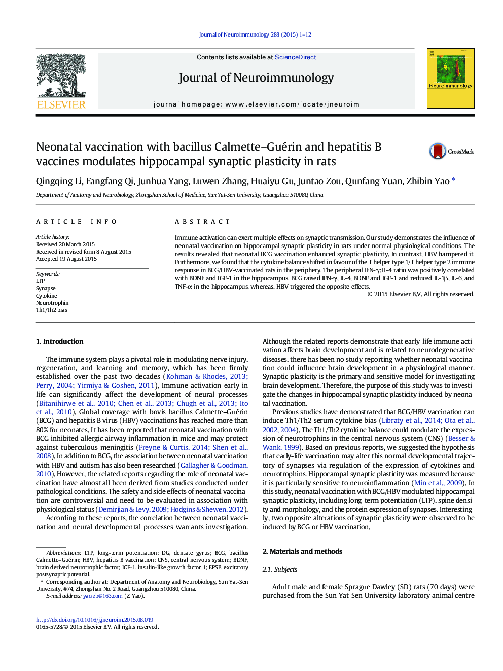 Neonatal vaccination with bacillus Calmette-Guérin and hepatitis B vaccines modulates hippocampal synaptic plasticity in rats