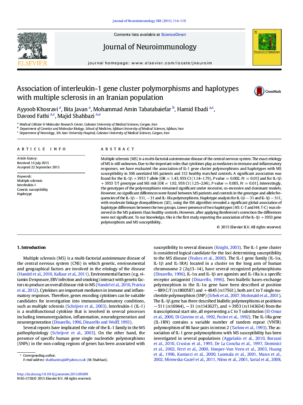 Association of interleukin-1 gene cluster polymorphisms and haplotypes with multiple sclerosis in an Iranian population