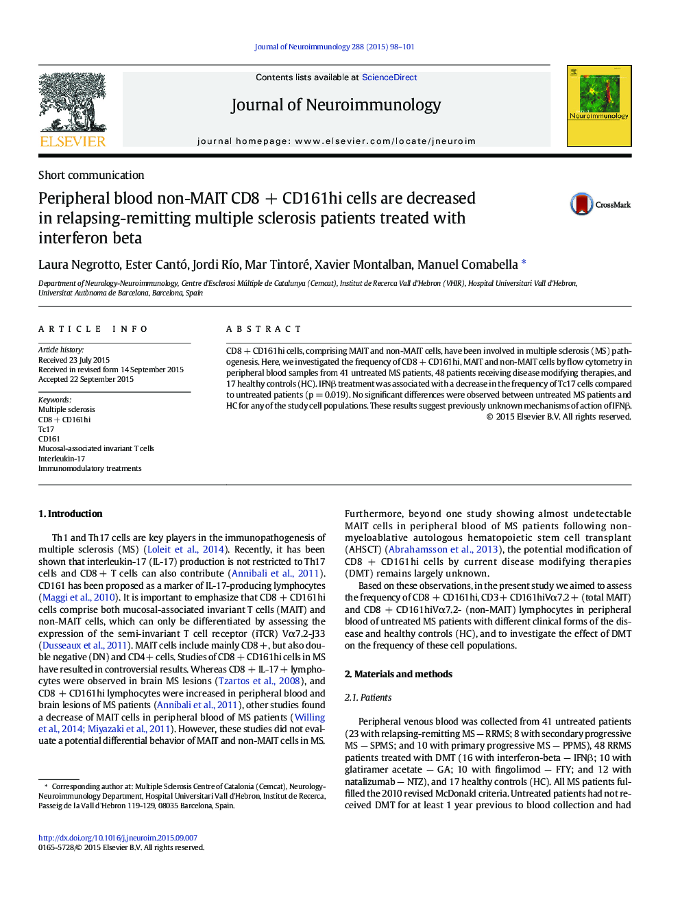 Peripheral blood non-MAIT CD8Â +Â CD161hi cells are decreased in relapsing-remitting multiple sclerosis patients treated with interferon beta