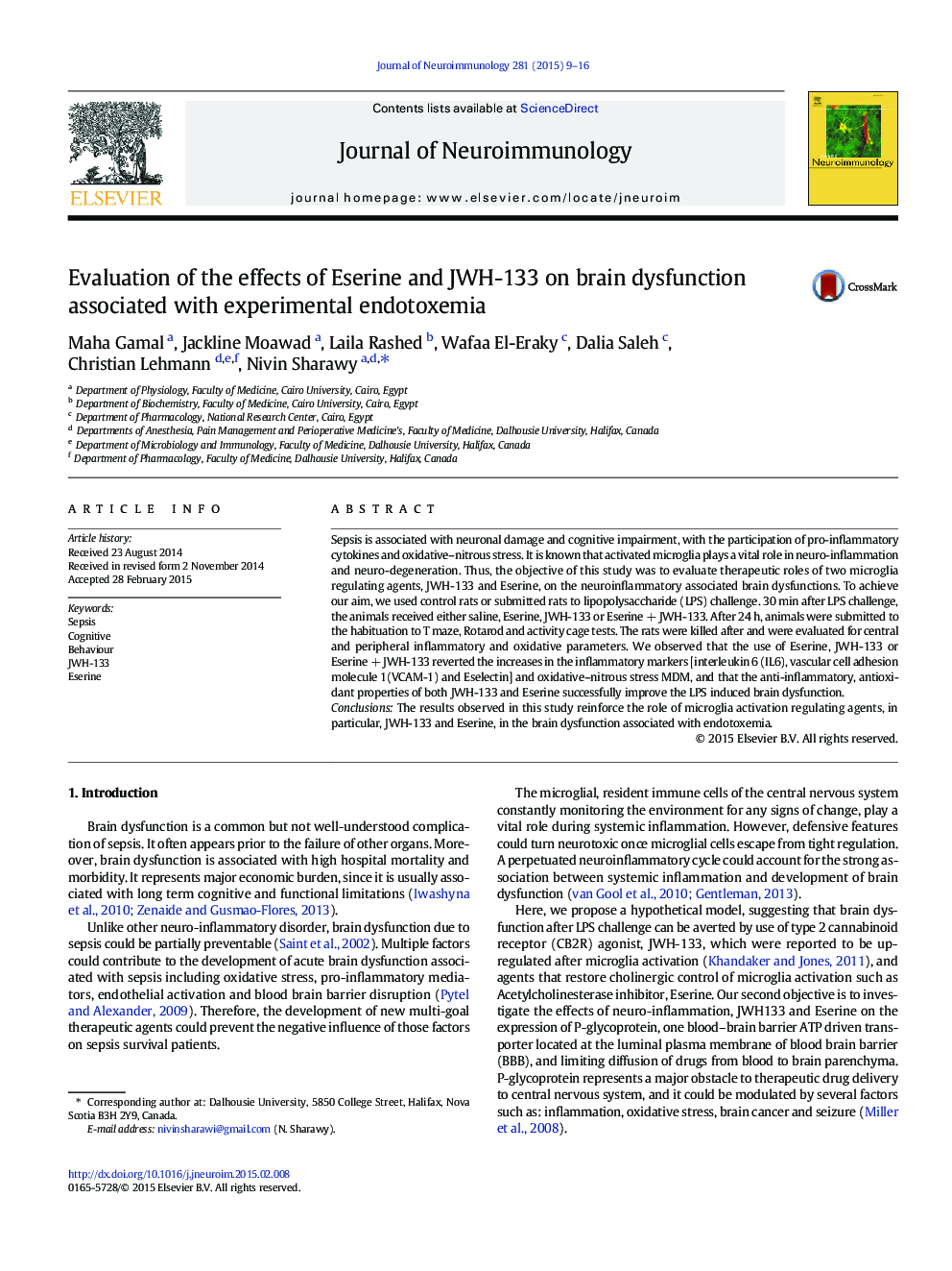 Evaluation of the effects of Eserine and JWH-133 on brain dysfunction associated with experimental endotoxemia