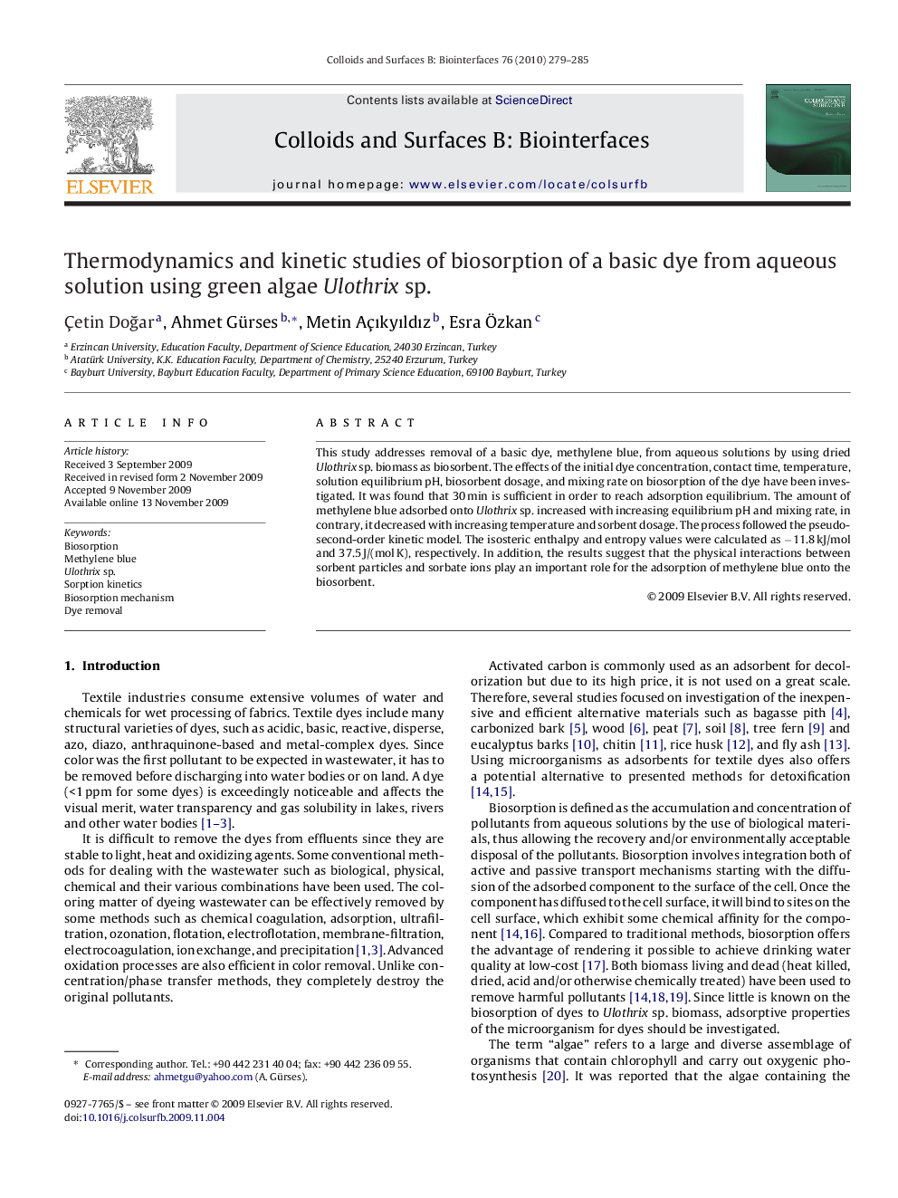 Thermodynamics and kinetic studies of biosorption of a basic dye from aqueous solution using green algae Ulothrix sp.