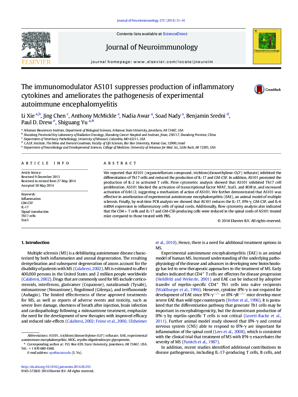 The immunomodulator AS101 suppresses production of inflammatory cytokines and ameliorates the pathogenesis of experimental autoimmune encephalomyelitis