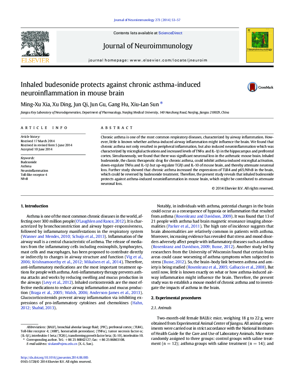 Inhaled budesonide protects against chronic asthma-induced neuroinflammation in mouse brain