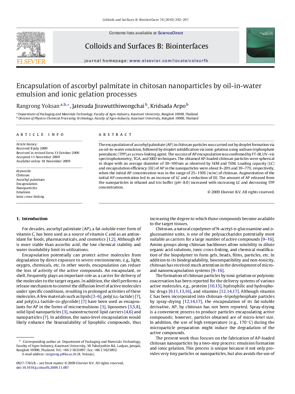 Encapsulation of ascorbyl palmitate in chitosan nanoparticles by oil-in-water emulsion and ionic gelation processes