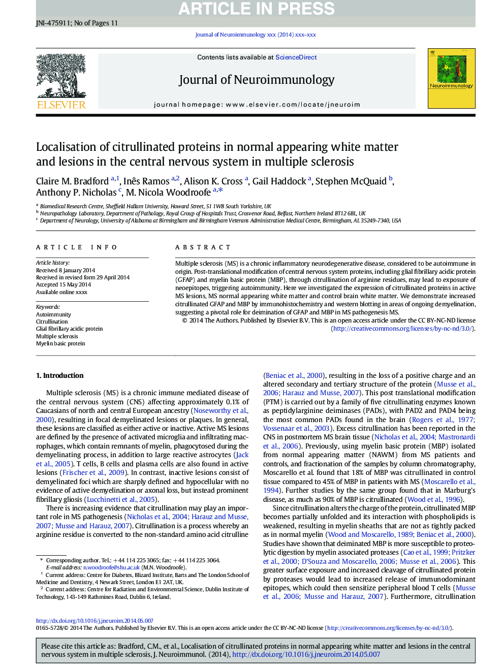 Localisation of citrullinated proteins in normal appearing white matter and lesions in the central nervous system in multiple sclerosis