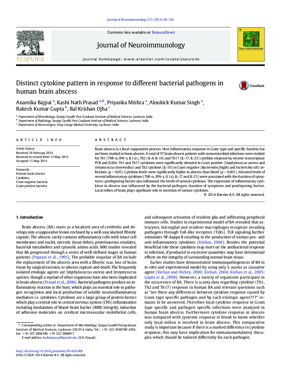 Distinct cytokine pattern in response to different bacterial pathogens in human brain abscess