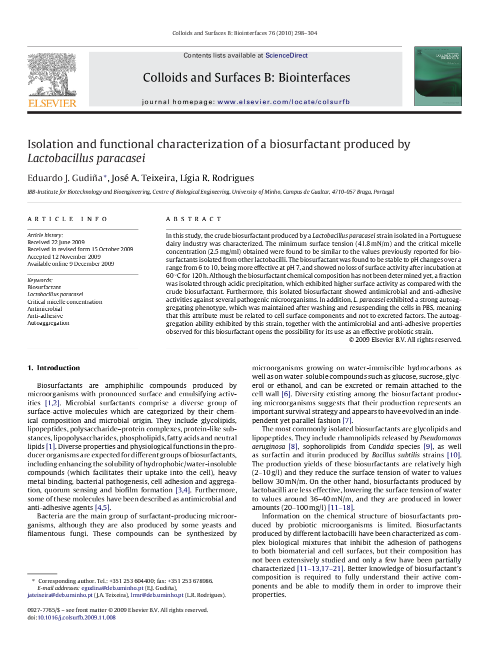 Isolation and functional characterization of a biosurfactant produced by Lactobacillus paracasei