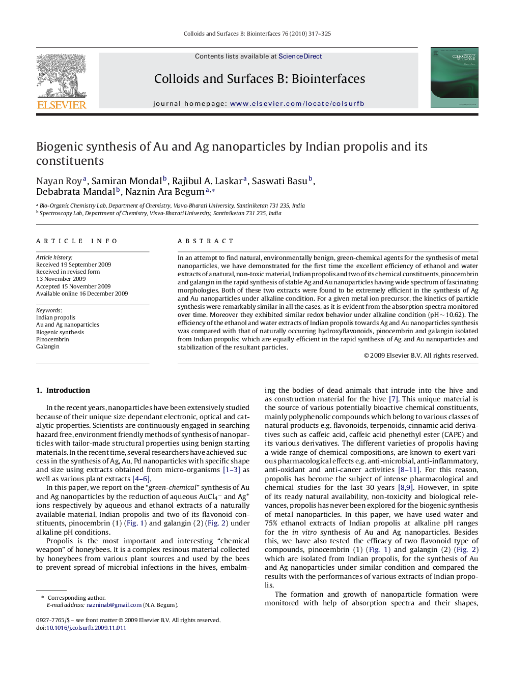 Biogenic synthesis of Au and Ag nanoparticles by Indian propolis and its constituents