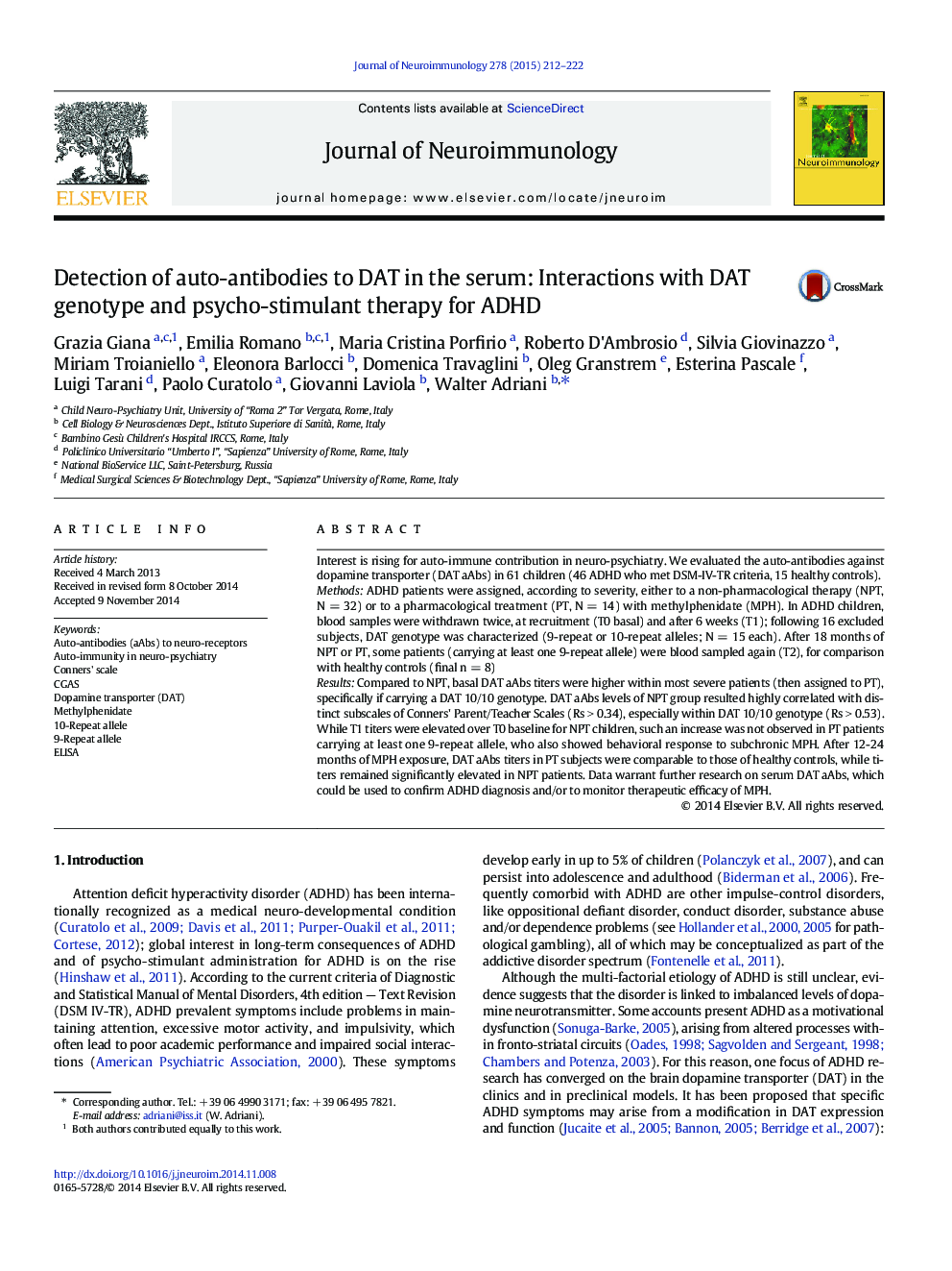 Detection of auto-antibodies to DAT in the serum: Interactions with DAT genotype and psycho-stimulant therapy for ADHD